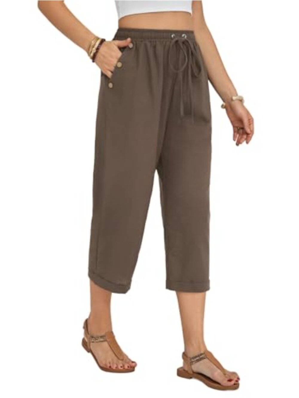 Cropped Linen Blend Pants Relaxed Summer Trousers Drawstring Elastic Waist
